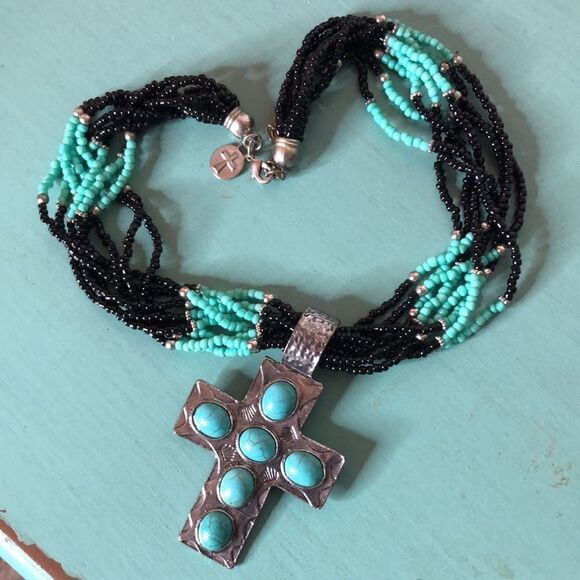 WEST & CO Cross Beaded Faux Turquoise Necklace - Picture 1 of 9